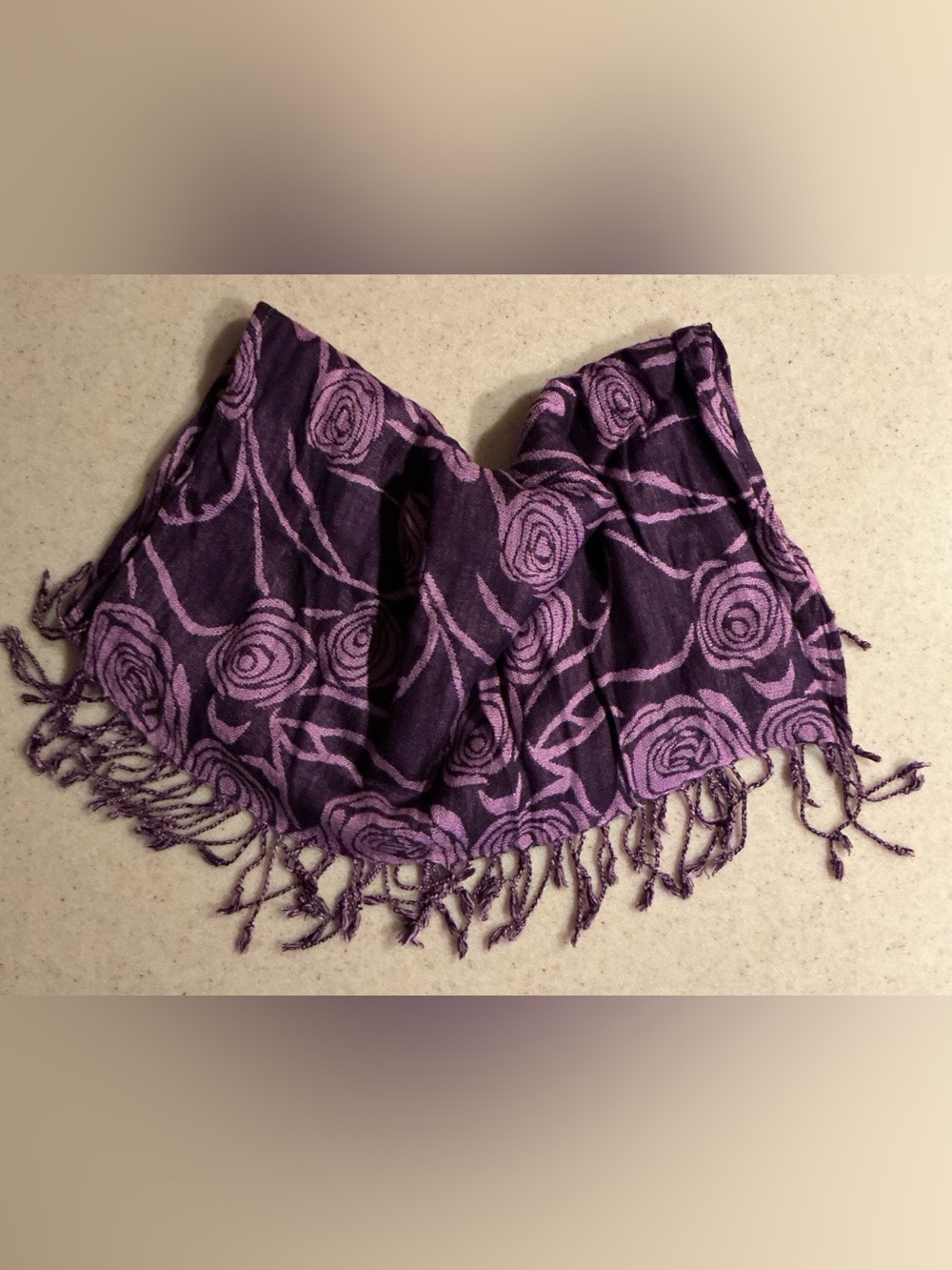 Purple Floral Pattern Fringe Scarf - Women's Accessories